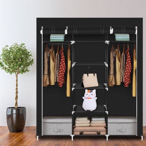 69" Portable Clothes Closet Non-Woven Fabric Wardrobe Double Rod Storage Organizer Black 69" Portable Clothes Closet Non-Woven Fabric Wardrobe Double Rod Storage Organizer Black