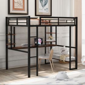 Full Size Loft Metal&MDF Bed with Long Desk and Shelves; Black
