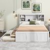 Full Size Platform Bed with Storage Headboard, Charging Station, Twin Size Trundle and 3 Drawers, Antique White