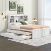 Full Size Platform Bed with Storage Headboard, Charging Station, Twin Size Trundle and 3 Drawers, Antique White