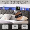 Full Bed Frame with Storage Headboard, Charging Station and LED Lights, Upholstered Platform Bed with Heavy Metal Slats, No Box Spring Needed