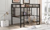 Full Size Loft Metal&MDF Bed with Long Desk and Shelves; Black