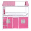 Full Size Bunk Wood House Bed with Elegant Windows, Sills and Tent, Pink+White