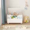 Wooden Toy Box with 4 Universal Wheels, Kids Toy Storage Organizer with Front Bookshelf, Flip-Top Lid, Safety Hinge
