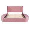 Upholstered Platform Bed Queen Size Storage Velvet Bed with Wingback Headboard and 1 Big Drawer,2 Side Storage Stool(Pink)
