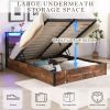 Lift-up Storage Bed Frame, Full Size Bed Frame with Bookcase Headboard & LED Lights, Wooden Platform Bed Frame with Charging Station