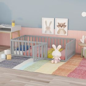 Twin Size Wood Floor Bed Frame with Fence and Door (Color: Gray)
