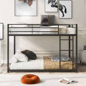 Full over Full Metal Bunk Bed;  Low Bunk Bed with Ladder (Color: Black)