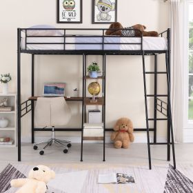 Twin Size Metal Loft Bed and Built-in Desk and Shelves (Color: Black)