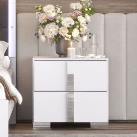 Elegant Nightstand with Metal Handle,Mirrored Bedside Table with 2 Drawers for Bedroom,Living Room,White (Color: as Pic)