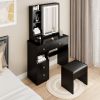 Small Space Left Drawer Desktop Vanity Table + Cushioned Stool, Extra Large Touch Control Sliding LED Mirror, Tri-color Switching