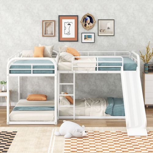 Full and Twin Size L-Shaped Bunk Bed with Slide and Short Ladder