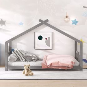 Twin Size House Bed Wood Bed (Color: Gray)