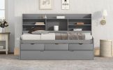 Twin Size Wooden Captain Bed with Built-in Bookshelves; Three Storage Drawers and Trundle